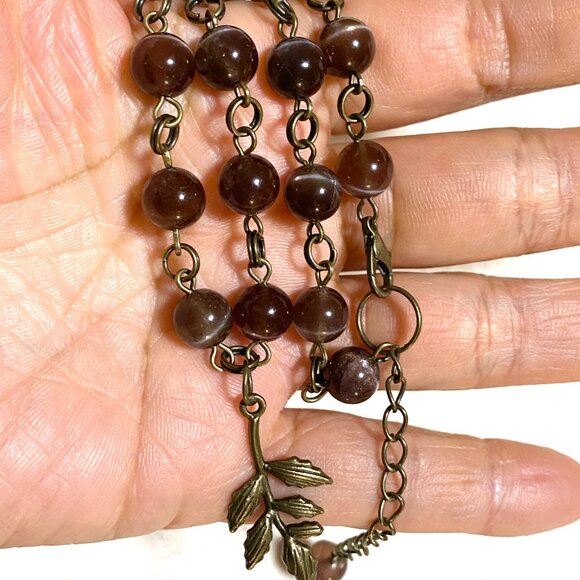 Cute Purple Cat's Eye Bronze Leaf Branch Pendant Adjustable Choker - Picture 14 of 14